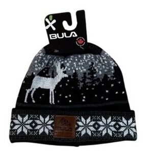 Bula Young Beanie Youth One Size Black Reindeer Snowflake Fair Isle Pom Pom Hat